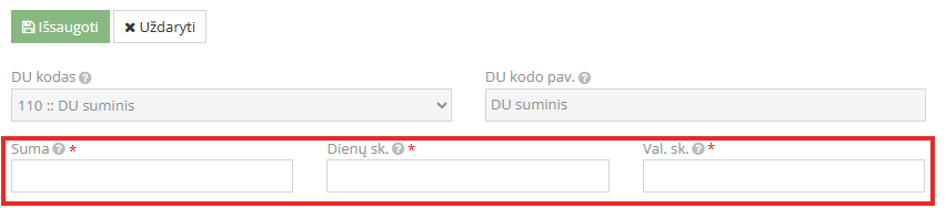 DU 110 kodo informacijos užpildymo langas